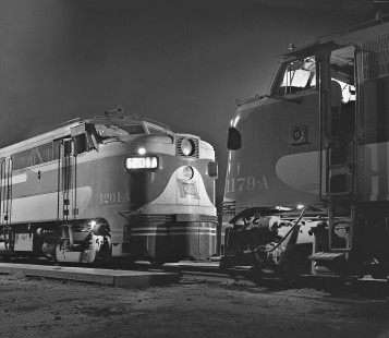 Wabash Railroad Alco and EMD diesel locomotives face off during the night at Decatur, Illinois, on August 23, 1959. Photograph by J. Parker Lamb, © 2015, Center for Railroad Photography and Art. Lamb-01-039-01