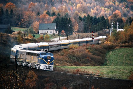 Northbound Delaware and Hudson Railway passenger excursion train with two PA locomotives in Damascus, New York, October 19, 1974. Photograph by John F. Bjorklund, © 2015, Center for Railroad Photography and Art. Bjorklund-18-15-18