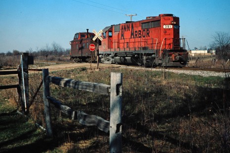 Northbound Ann Arbor Railroad caboose in Saline, Michigan, on April 15, 1978. Photograph by John F. Bjorklund, © 2015, Center for Railroad Photography and Art. Bjorklund-01-27-11