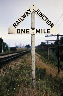Westbound Canadian National Railway mile marker near Komoka, Ontario, on September 24, 1972. Photograph by John F. Bjorklund, © 2015, Center for Railroad Photography and Art. Bjorklund-19-11-20