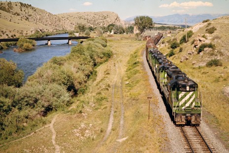Westbound Burlington Northern Railroad freight train passing through Logan, Montana, on July 8, 1973. Photograph by John F. Bjorklund, © 2015, Center for Railroad Photography and Art. Bjorklund-07-27-05