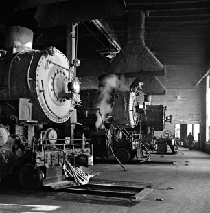Union Pacific steam locomotives congregate inside the roundhouse at Council Bluffs, Iowa, on February 4, 1957. At left is 2-8-2 no. 2242, which was retired later that year. Photograph by Wallace W. Abbey, © 2015, Center for Railroad Photography and Art. Abbey-03-130-02