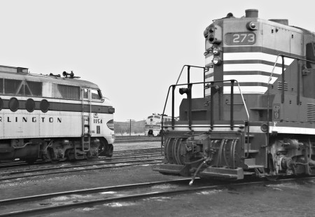 Chicago, Burlington & Quincy Railroad diesel locomotives in the yard at Ottumwa, Iowa, on April 12, 1960. Photograph by J. Parker Lamb, © 2015, Center for Railroad Photography and Art. Lamb-01-047-11