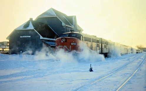 Canadian National Railway passenger train led by FPA4 locomotive no. 6783 at station in Niagara Falls, Ontario, on February 20, 1972. Photograph by John F. Bjorklund, © 2015, Center for Railroad Photography and Art. Bjorklund-19-06-21