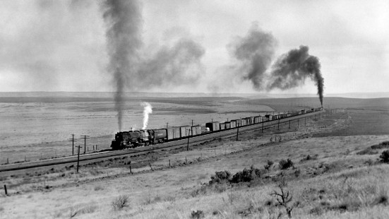 Union Pacific freight train climbing out of Idaho's Snake River Valley in 1953. Photograph by David W. Salter and courtesy of <i>Trains</i> magazine. Authors Wendy Burton and Kevin Keefe will discuss their book <i>Railroad Vision: Steam Era Images from the Trains Magazine Archive</i> at the Center's <a href="http://www.railphoto-art.org/conferences/conversations-2016/" rel="nofollow">Conversations 2016</a>.