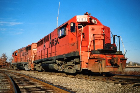 Southbound Ann Arbor Railroad locomotives at Diann Tower in Dundee, Michigan, on December 17, 1978. Photograph by John F. Bjorklund, © 2015, Center for Railroad Photography and Art. Bjorklund-01-28-06