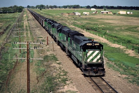 Westbound Burlington Northern Railroad freight train passing La Junta, Colorado, on May 18, 1985. Photograph by John F. Bjorklund, © 2015, Center for Railroad Photography and Art. Bjorklund-05-05-09