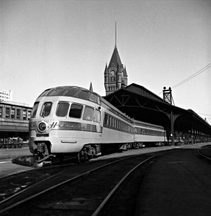 Streamlined observation car of Milwaukee Road’s eastbound <i>Morning Hiawatha</i> passenger train at Milwaukee, Wisconsin, on October 9, 1950. Photograph by Wallace W. Abbey, © 2015, Center for Railroad Photography and Art. Abbey-01-123-12