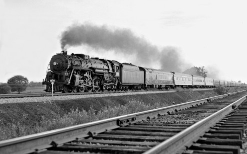 Northbound New York Central Railroad, <i>Cincinnati Mercury</i>, passenger train with three postwar coaches leaves Fairborn, Ohio, in late afternoon on August 21, 1955. Photograph by J. Parker Lamb, © 2015, Center for Railroad Photography and Art. Lamb-01-015-04