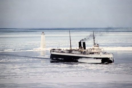 Eastbound <i>City of Milwaukee</i> car ferry in Elberta, Michigan, on March 2, 1980. Photograph by John F. Bjorklund, © 2015, Center for Railroad Photography and Art. Bjorklund-03-25-04