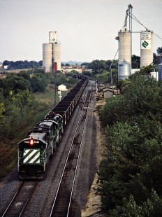 Westbound Burlington Northern Railroad coal train in Afton, Iowa, on September 24, 1983. Photograph by John F. Bjorklund, © 2015, Center for Railroad Photography and Art. Bjorklund-12-11-19