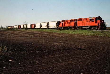 Northbound Ann Arbor Railroad freight train in Alma, Michigan, on May 14, 1984. Photograph by John F. Bjorklund, © 2015, Center for Railroad Photography and Art. Bjorklund-03-07-09