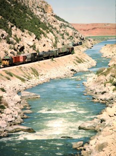 Westbound Burlington Northern Railroad at Wind River Canyon in Thermopolis, Wyoming, on October 2, 1984. Photograph by John F. Bjorklund, © 2015, Center for Railroad Photography and Art. Bjorklund-13-01-06