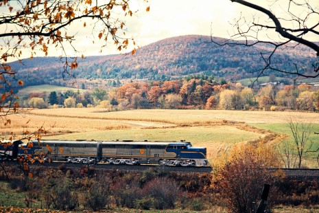 Northbound Delaware and Hudson Railway passenger excursion train with two PA locomotives in Damascus, New York, on October 19, 1974. Photograph by John F. Bjorklund, © 2015, Center for Railroad Photography and Art. Bjorklund-18-15-21