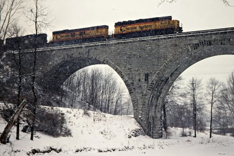 Westbound Baltimore and Ohio Railroad freight train in Lodi, Ohio, on February 15, 1980. Photograph by John F. Bjorklund, © 2015, Center for Railroad Photography and Art. Bjorklund-16-13-02
