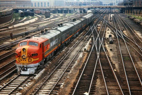 Amtrak passenger train no. 15, the westbound <i>Texas Chief</i> (still running entirely with Santa Fe equipment) departing Union Station in Chicago, Illinois, on July 4, 1971. Photograph by John F. Bjorklund, © 2015, Center for Railroad Photography and Art. Bjorklund-04-05-15