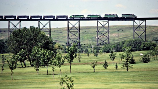 Eastbound Burlington Northern Railroad coal train on Hi-Line Bridge in Valley City, North Dakota, on July 4, 1980. Photograph by John F. Bjorklund, © 2015, Center for Railroad Photography and Art. Bjorklund-11-02-19