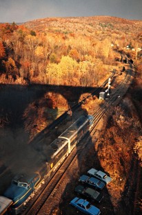 Southbound Delaware and Hudson Railway passenger excursion train and shadow of Starrucca Viaduct in Lanesboro, Pennsylvania, on October 19, 1974. Photograph by John F. Bjorklund, © 2015, Center for Railroad Photography and Art. Bjorklund-18-15-04