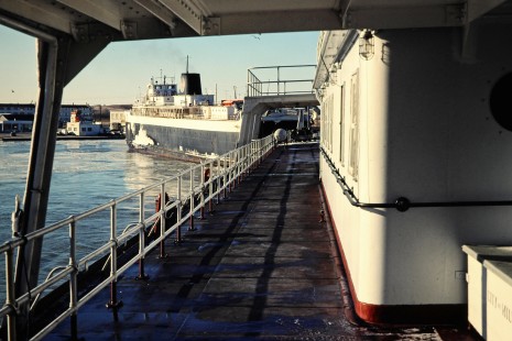 Eastbound <i>City of Milwaukee</i> car ferry in Kewaunee, Wisconsin, on March 1, 1980. Photograph by John F. Bjorklund, © 2015, Center for Railroad Photography and Art. Bjorklund-02-02-02