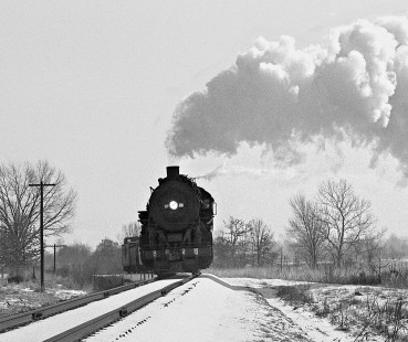 Illinois Central Railroad 2-8-2 steam locomotive no. 1635 leading the Marion Turn local freight train east of Carbondale, Illinois, on January 27, 1959. Photograph by J. Parker Lamb, © 2015, Center for Railroad Photography and Art. Lamb-01-027-10