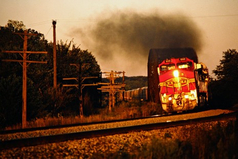 Westbound Santa Fe Railway freight train on Spoon River in Dahinda, Illinois, on September 2, 1995. Photograph by John F. Bjorklund, © 2015, Center for Railroad Photography and Art. Bjorklund-06-15-03