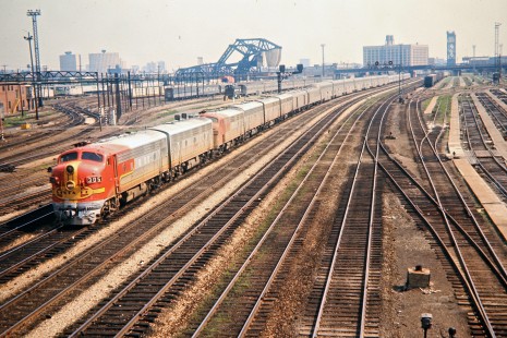 Amtrak passenger train no. 18, the eastbound <i>Super Chief-El Capitan</i> (still running entirely with Santa Fe equipment), arriving at Union Station in Chicago, Illinois, on July 4, 1971. Photograph by John F. Bjorklund, © 2015, Center for Railroad Photography and Art. Bjorklund-04-04-01
