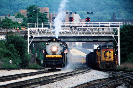 Westbound Chessie Steam Special with former Reading 4-8-4 no. 2101 on the Baltimore and Ohio Railroad in Connellsville, Pennsylvania, on May 29, 1977. Photograph by John F. Bjorklund, © 2015, Center for Railroad Photography and Art. Bjorklund-16-02-06