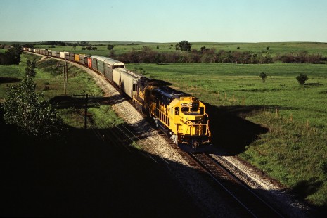 Santa Fe Railway freight train in Matfield Green, Kansas, on May 12, 1985. Photograph by John F. Bjorklund, © 2015, Center for Railroad Photography and Art. Bjorklund-04-24-01