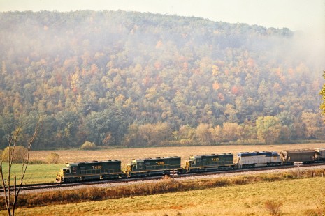 Eastbound Delaware and Hudson Railway freight train with former Reading locomotives in Cameron, New York, on October 3, 1976. Photograph by John F. Bjorklund, © 2015, Center for Railroad Photography and Art. Bjorklund-18-21-18