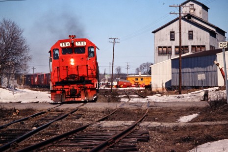 Southbound Ann Arbor Railroad freight train in McBain, Michigan, on March 27, 1982. Photograph by John F. Bjorklund, © 2015, Center for Railroad Photography and Art. Bjorklund-03-27-07