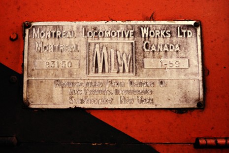 Builder's plate on Canadian National Railway diesel locomotive in Sarnia, Ontario, on October 8, 1972. Photograph by John F. Bjorklund, © 2015, Center for Railroad Photography and Art. Bjorklund-19-12-11