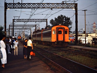 Westbound and eastbound Canadian National Railway passenger trains in Montreal, Quebec, on August 18, 1986. Photograph by John F. Bjorklund, © 2015, Center for Railroad Photography and Art. Bjorklund-22-03-19