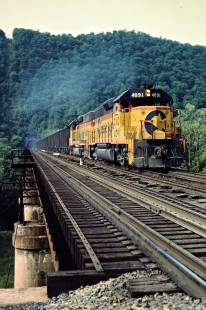 Westbound Baltimore and Ohio Railroad freight train crossing the bridge over the Potomac River in Magnolia, West Virginia, on May 26, 1984. Photograph by John F. Bjorklund, © 2015, Center for Railroad Photography and Art. Bjorklund-17-12-01