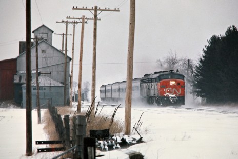Westbound Canadian National Railway passenger train Northwood, Ontario, on April 5, 1974. Photograph by John F. Bjorklund, © 2015, Center for Railroad Photography and Art. Bjorklund-20-02-06