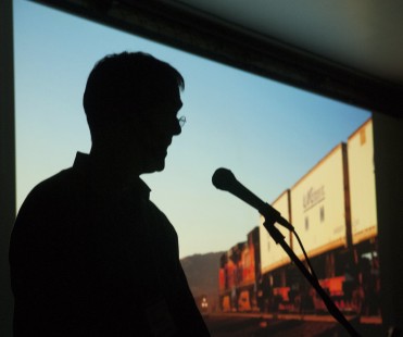 Presenter Todd Halamka and "Of Light, Landscape, and the Echo of Trains." Center for Railroad Photography and Art. Photograph by Henry A. Koshollek