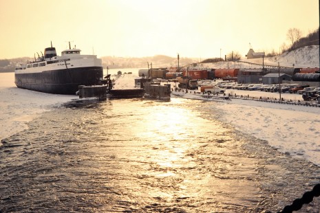 Looking back from the Ann Arbor Railroad's westbound <i>City of Milwaukee</i> car ferry at Elberta, Michigan, on March 1, 1980. Photograph by John F. Bjorklund, © 2015, Center for Railroad Photography and Art. Bjorklund-01-29-11