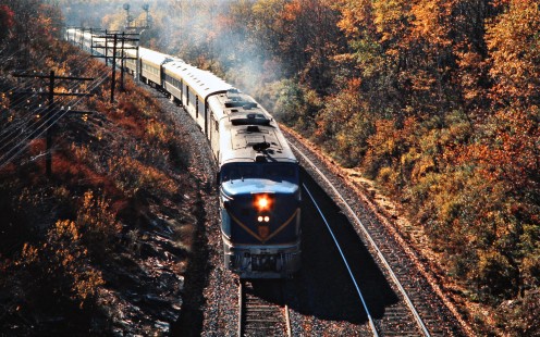 Northbound Delaware and Hudson Railway passenger excursion train with two PA locomotives in Ararat, Pennsylvania, in October 19, 1974. Photograph by John F. Bjorklund, © 2015, Center for Railroad Photography and Art. Bjorklund-18-15-27