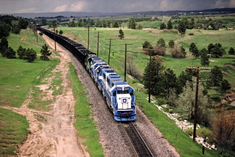 Southbound Burlington Northern Railroad  coal train in Academy, Colorado, on May 22, 1987. Photograph by John F. Bjorklund, © 2015, Center for Railroad Photography and Art. Bjorklund-13-22-01