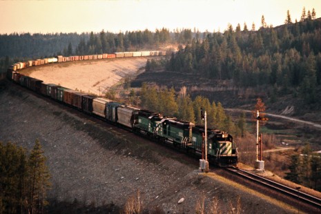Eastbound Burlington Northern Railroad freight train near Granite, Idaho, on May 1, 1975. Photograph by John F. Bjorklund, © 2015, Center for Railroad Photography and Art. Bjorklund-09-12-17