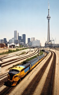 Ontario Northland's <i>Northlander</i> passenger train on the Canadian National Railway in Toronto, Ontario, on May 27, 1988. Photograph by John F. Bjorklund, © 2015, Center for Railroad Photography and Art. Bjorklund-22-24-13