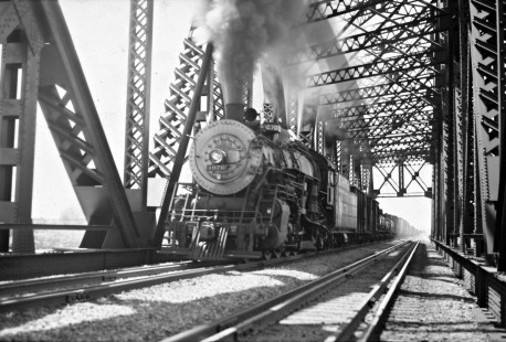 An eastbound Santa Fe freight train behind 2-8-2 steam locomotive no. 4070 crosses the Illinois River on its way out Chillicothe, Illinois. Photograph by Wallace W. Abbey, © 2015, Center for Railroad Photography and Art. Abbey-01-057-01