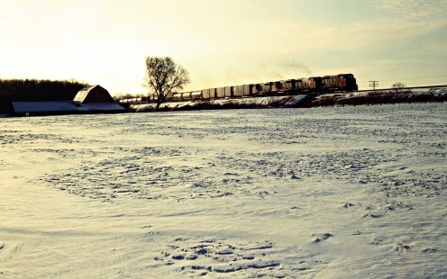 Eastbound Canadian National Railway freight train in Komoka, Ontario, on January 12, 1985. Photograph by John F. Bjorklund, © 2015, Center for Railroad Photography and Art. Bjorklund-21-21-20