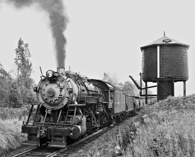 Northbound Baltimore and Ohio Railroad 2-8-0 steam locomotive no. 2784 with local freight train pulls away from water stop near Parma, Ohio, on September 26, 1955. Photograph by J. Parker Lamb, © 2015, Center for Railroad Photography and Art. Lamb-01-003-06
