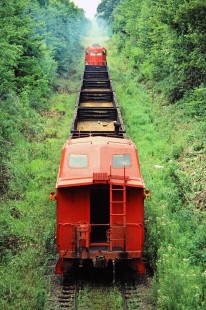 Northbound Ann Arbor Railroad freight train in Ithaca, Michigan, on August 2, 1982. Photograph by John F. Bjorklund, © 2015, Center for Railroad Photography and Art. Bjorklund-02-24-05