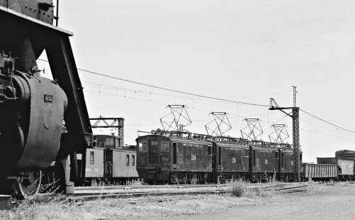 Westbound Canadian National Railway train awaits clearance to St. Clair Tunnel at Canadian National yard in Sarnia, Ontario, on July 6, 1958. Photograph by J. Parker Lamb, © 2015, Center for Railroad Photography and Art. Lamb-01-053-12
