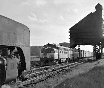 Northbound New York Central Railroad F3 units meet Mohawk-powered freight train at Galion, Ohio, on September 25, 1955. Photograph by J. Parker Lamb, © 2015, Center for Railroad Photography and Art. Lamb-01-016-06