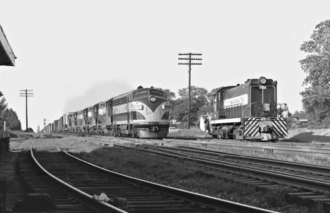 Hamlet-bound Seaboard Air Line Railroad train no. 75, led by Richmond, Fredericksburg and Potomac Railroad unit, roars through village of Apex, North Carolina, passing Durham and Southern Railway local, in July 1960. Photograph by J. Parker Lamb, © 2016, Center for Railroad Photography and Art. Lamb-01-071-11