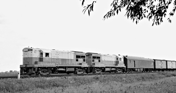 Illinois Central Railroad northbound freight train NC-6 approaching Champaign, Illinois, behind General Electric demonstrator locomotives nos. 751 and 752 on July 25, 1960. Photograph by J. Parker Lamb, © 2015, Center for Railroad Photography and Art. Lamb-01-032-04