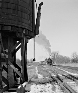 Bevier & Southern Railroad 2-8-2 steam locomotive bringing loaded coal cars onto the interchange track at Missouri, Illinois, on January 29, 1959. Photograph by J. Parker Lamb, © 2015, Center for Railroad Photography and Art. Lamb-01-049-12