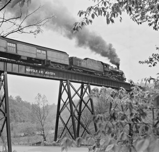 Norfolk and Western Railway Bluefield train crosses trestle at St. Paul, Virginia, on June 14, 1958. Photograph by J. Parker Lamb, © 2015, Center for Railroad Photography and Art. Lamb-01-051-03